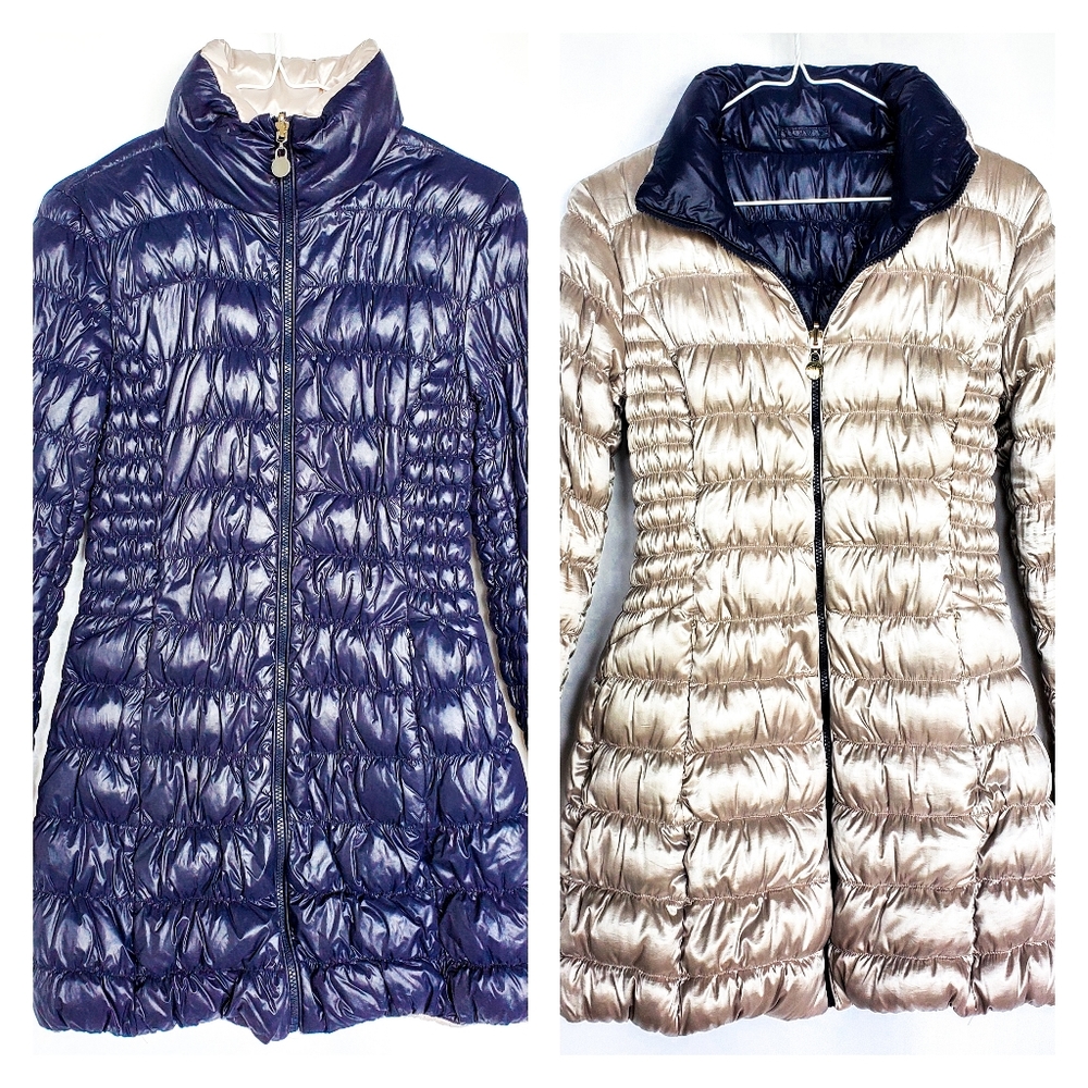 Reversible Laundry by Shelli Segal Navy Blue/White Silver Puffer Jacket